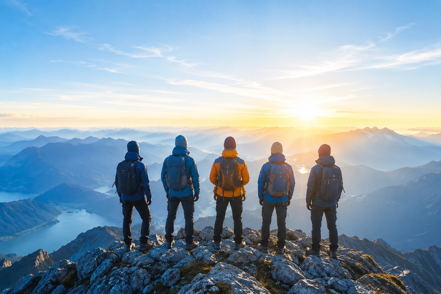 Fünf Bergsteiger auf einem Gipfel blicken in den Sonnenaufgang